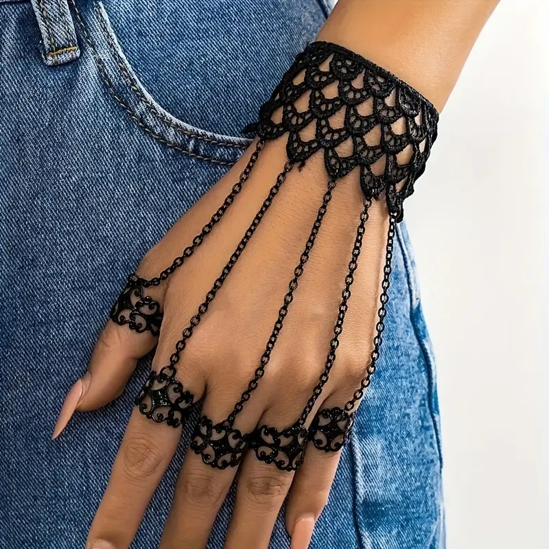 Gothic Spike Nail Ring Bracelet - Black Punk Cone Hand Chain Halloween Accessory