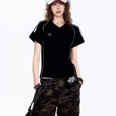Women's Vintage Distressed V-Neck Graphic T-Shirt - Casual Streetwear Short Sleeve Tee