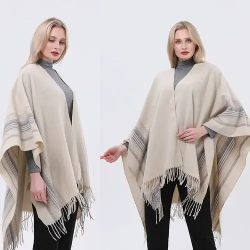 Elegant Striped Faux Cashmere Shawl Wrap – Cozy Front-Slit Poncho Cape for Men & Women