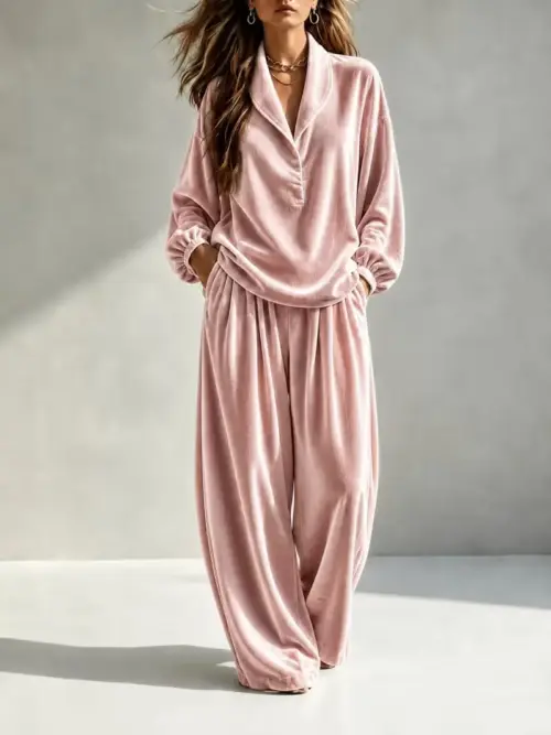 Women's Elegant Velvet 2-Piece Loungewear Set - Long Sleeve Turn-Down Collar Top and Pants