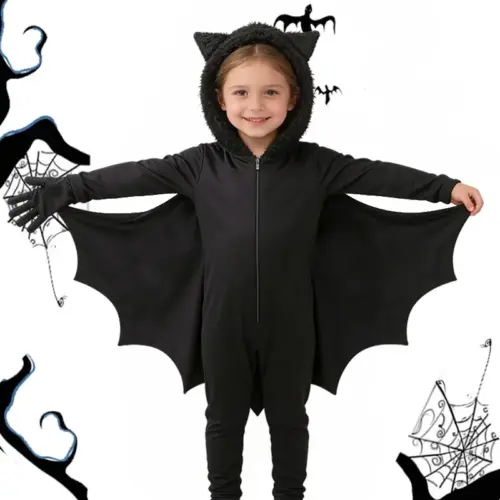 Kids Bat-Wing Performance Costume Jumpsuit with Matching Gloves - Children's Cosplay & Dance Outfit