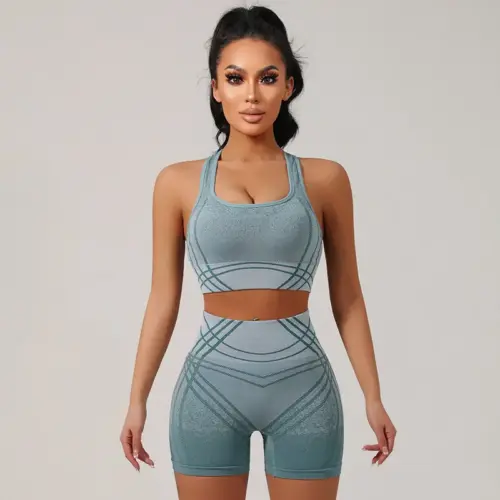 Seamless Gradient 2-Piece Yoga Set – High-Elasticity Sports Bra & Biker Shorts Activewear