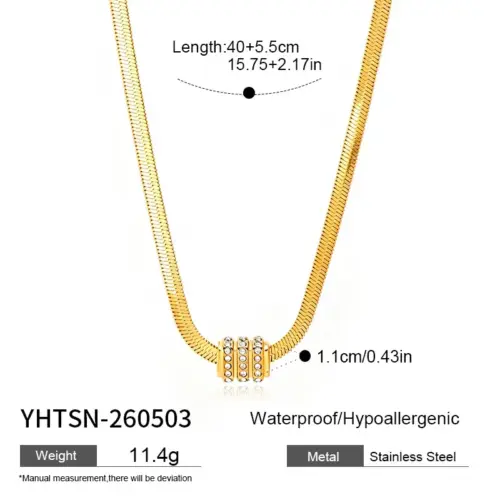 French Minimalist Gold Herringbone Necklace with Sparkling Crystal Cylinder Slider Charms – Tarnish-Resistant Stainless Steel Clavicle Chain