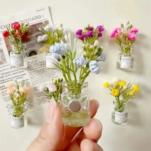 Glow-in-the-Dark Glass Bottle Fridge Magnets with Artificial Flowers (8-Piece Set) - Decorative Resin Refrigerator Magnets