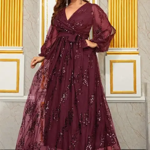 Women's Plus Tamanho Elegant V-Neck Maxi Dress with Dramatic Lantern Puff Sleeves