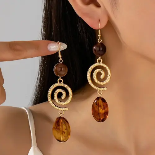 Vintage French Spiral Drop Earrings – Retro Amber Tone Dangle Earrings for Women