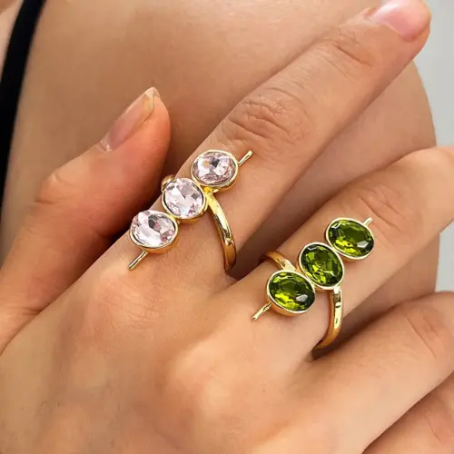 Sparkling Three-Oval Gemstone Open Ring – Adjustable Zirconia Statement Band for Women