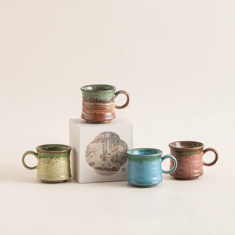 Vintage Kiln-Glazed Ceramic Coffee Mug with Ribbed Handle (110ml) – Elegant Retro Espresso & Tea Cup