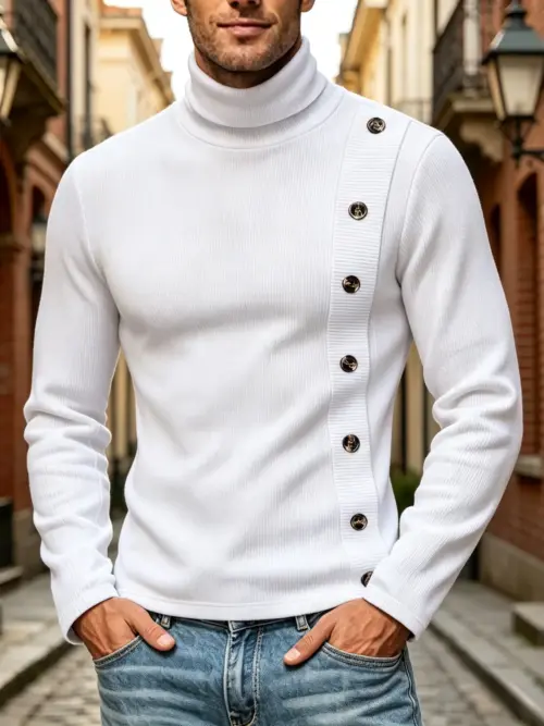 Men's Slim-Fit Ribbed Knit High-Neck Shirt - Long Sleeve Pullover with Asymmetric Buttons