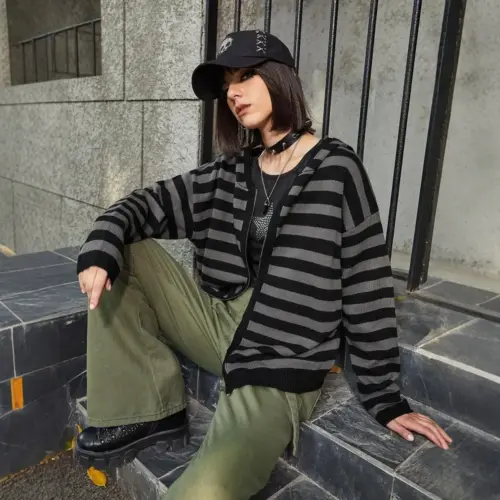 Women's Striped Hooded Knit Cardigan - Cozy Loose Fit Zip-Up Sweater