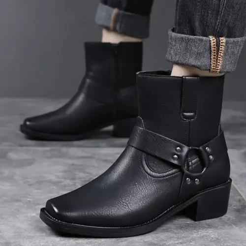Men's Vintage British Leather Ankle Boots - Biker Punk High-Top Boots with Buckles, Rivets & Chunky Heel