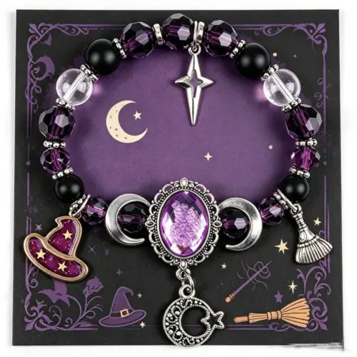 Vintage Halloween Beaded Bracelet with Crescent Moon Charm – Mystical Boho Celestial Jewelry for Women