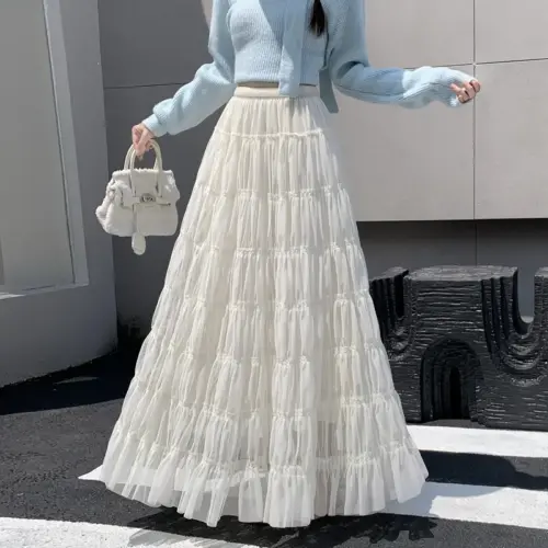 Women's Elegant Pleated Tulle Maxi Skirt - Flowy Tiered Cake Skirt