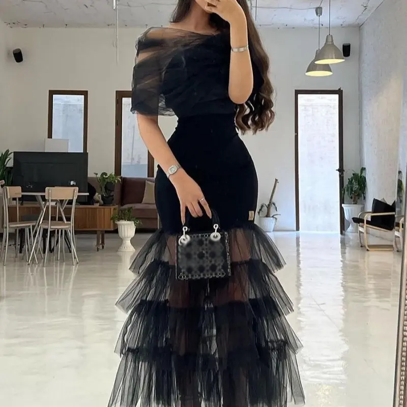 Elegant Strapless Black Evening Gown with Sheer Mesh Paneling – Mid-Length Cocktail Dress