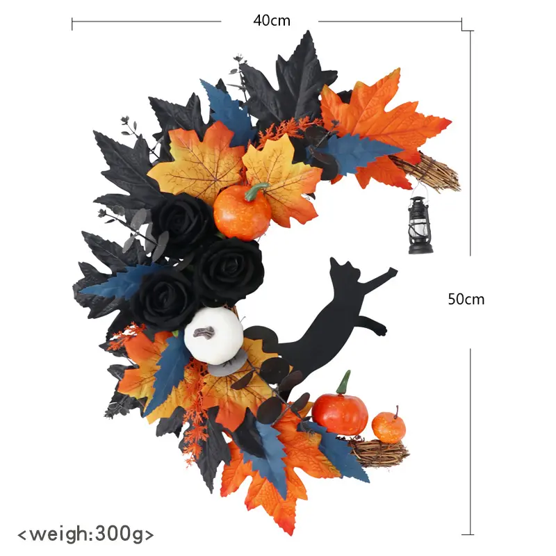 Handmade Halloween Crescent Moon Cat Wreath – Spooky Floral Front Door Hanging Decor