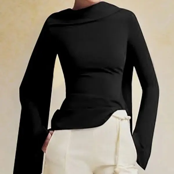 Women's Elegant Asymmetrical Long-Sleeve Knit Top with Slanted Ribbon Neckline