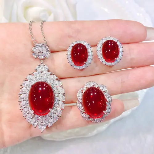 Luxury Pigeon Blood Red Gemstone Jewelry Set – Elegant Halo Pendant Necklace, Stud Earrings & Cocktail Ring
