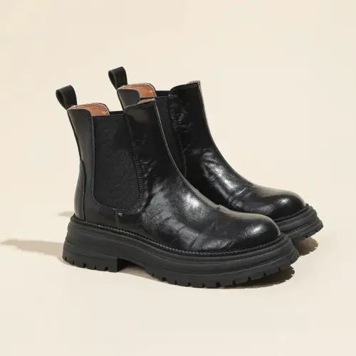 Women's Vintage Genuine Leather Ankle Boots – Classic Slip-On Chunky Mid-Heel Booties