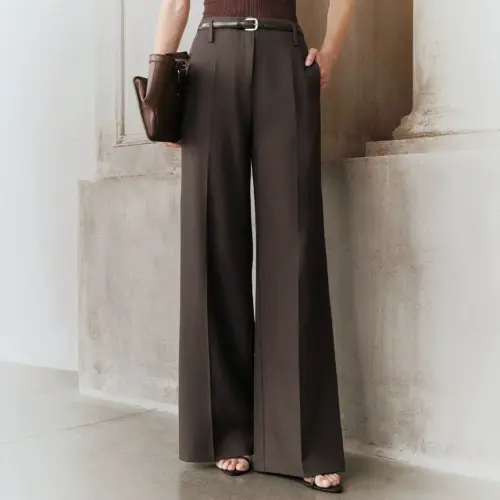 Women's High-Waisted Straight-Leg Trousers – Elegant Mocha Brown Tailored Commuter Pants