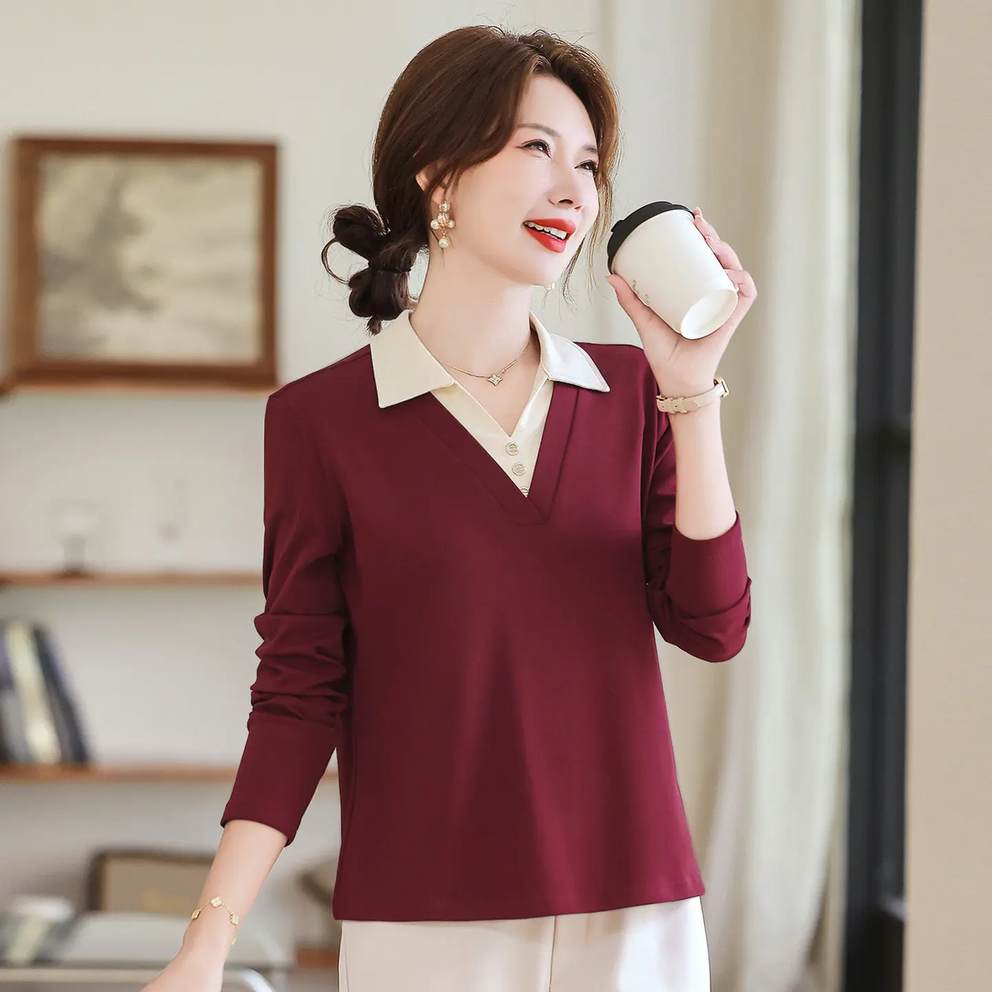 Women's Casual Färg-Block Collar Top – Long Sleeve Soft Cotton Patchwork Pullover