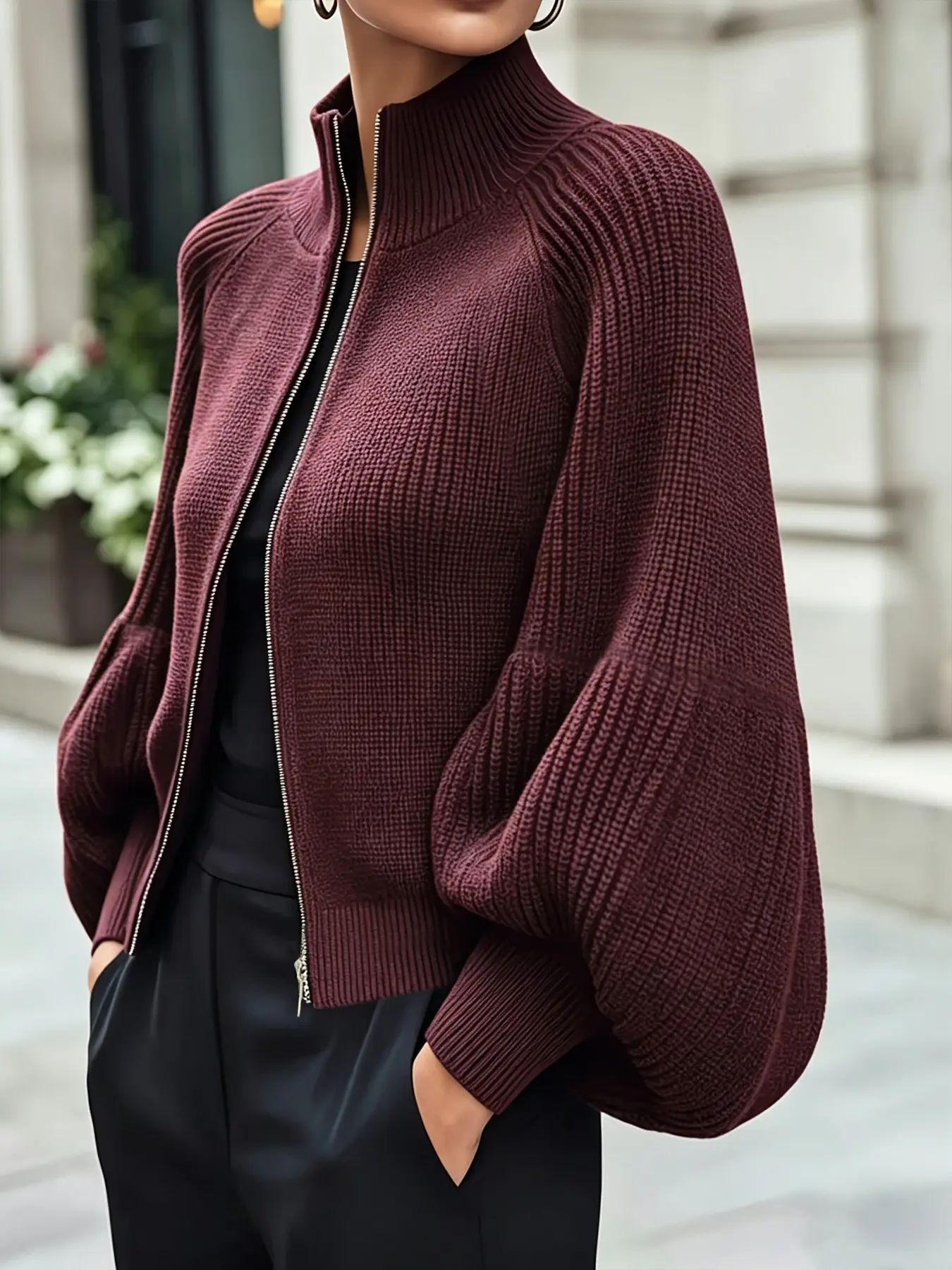 Women's Chunky Knit Zip-Up Cardigan - Fluffy High-Neck Cropped Sweater Jacket with Lantern Sleeves