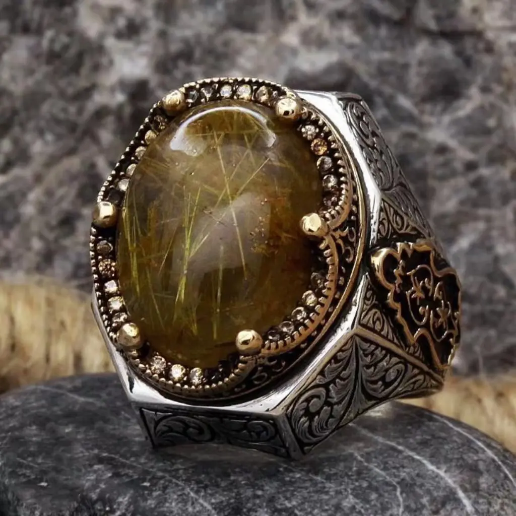 Handcrafted Vintage 24K Gold Plated Matching Couple Rings – Retro Carved Open Band with Green Inlay
