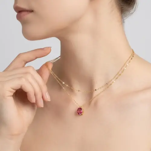 French Vintage Double Layer Ruby Necklace for Women – Elegant Stainless Steel Layered Pendant Jewelry