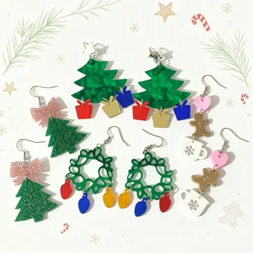 Festive Christmas Dangle Earrings for Women – Handmade Acrylic Holiday Tree, Gingerbread Man & Light Bulb Drop Earrings