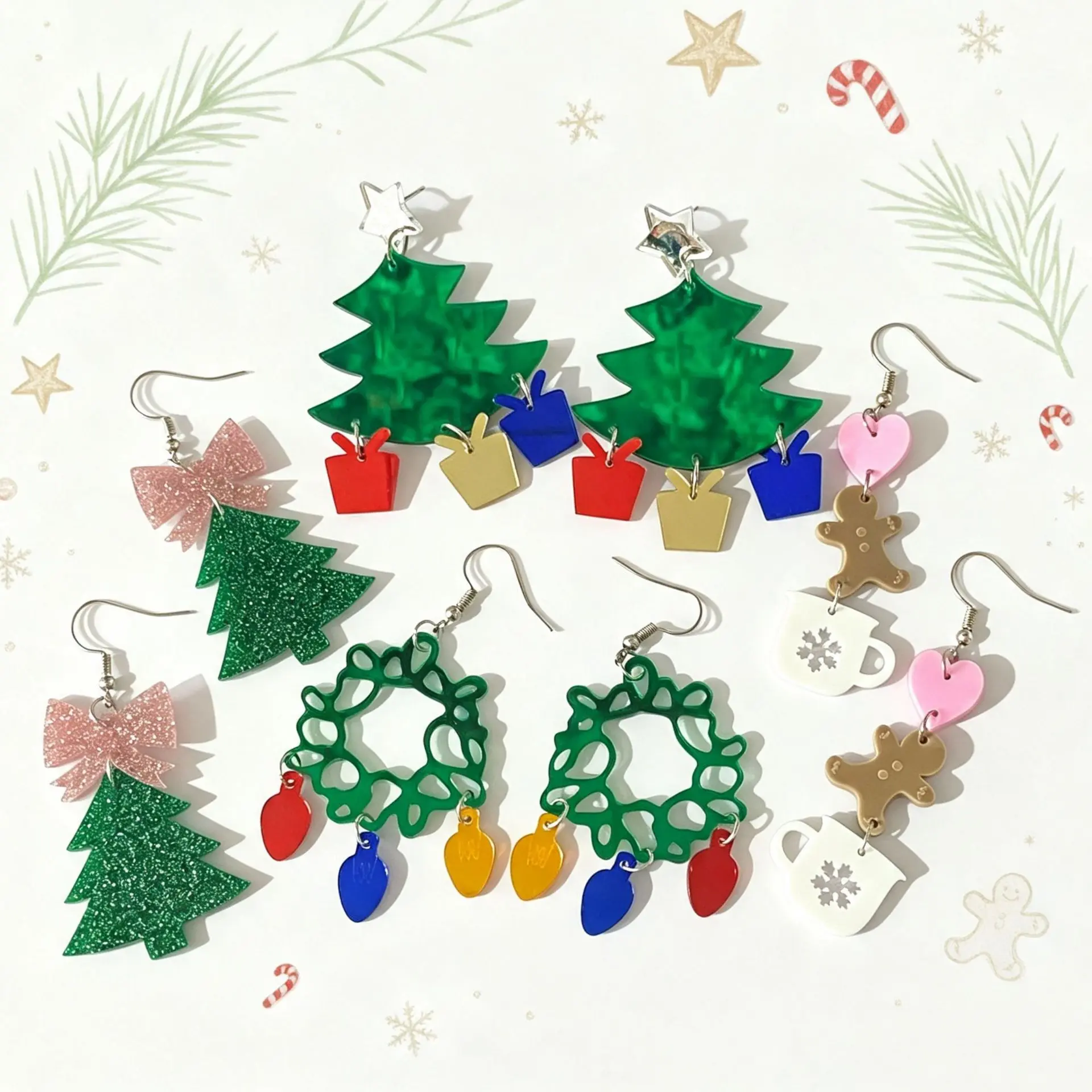 Festive Christmas Dangle Earrings for Women – Handmade Acrylic Holiday Tree, Gingerbread Man & Light Bulb Drop Earrings