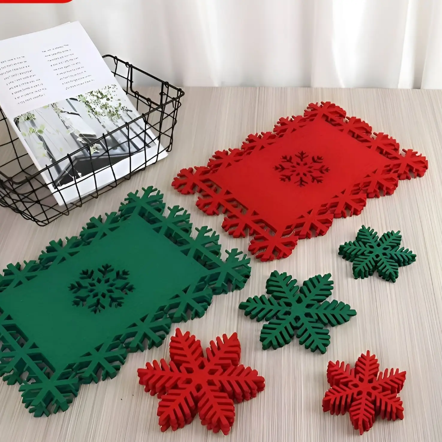 Vintage Christmas Felt Placemat & Coaster Set - Festive Hollowed-Out Holiday Table Decor