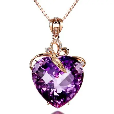 Romantic Heart-Shaped Amethyst Pendant Necklace – 18K Rose Gold Plated Clavicle Chain for Women
