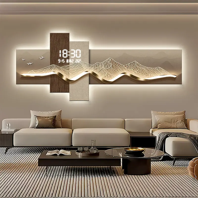 Modern Panoramic LED Digital Clock Wall Art – Illuminated Acrylic Canvas Decor for Living Room
