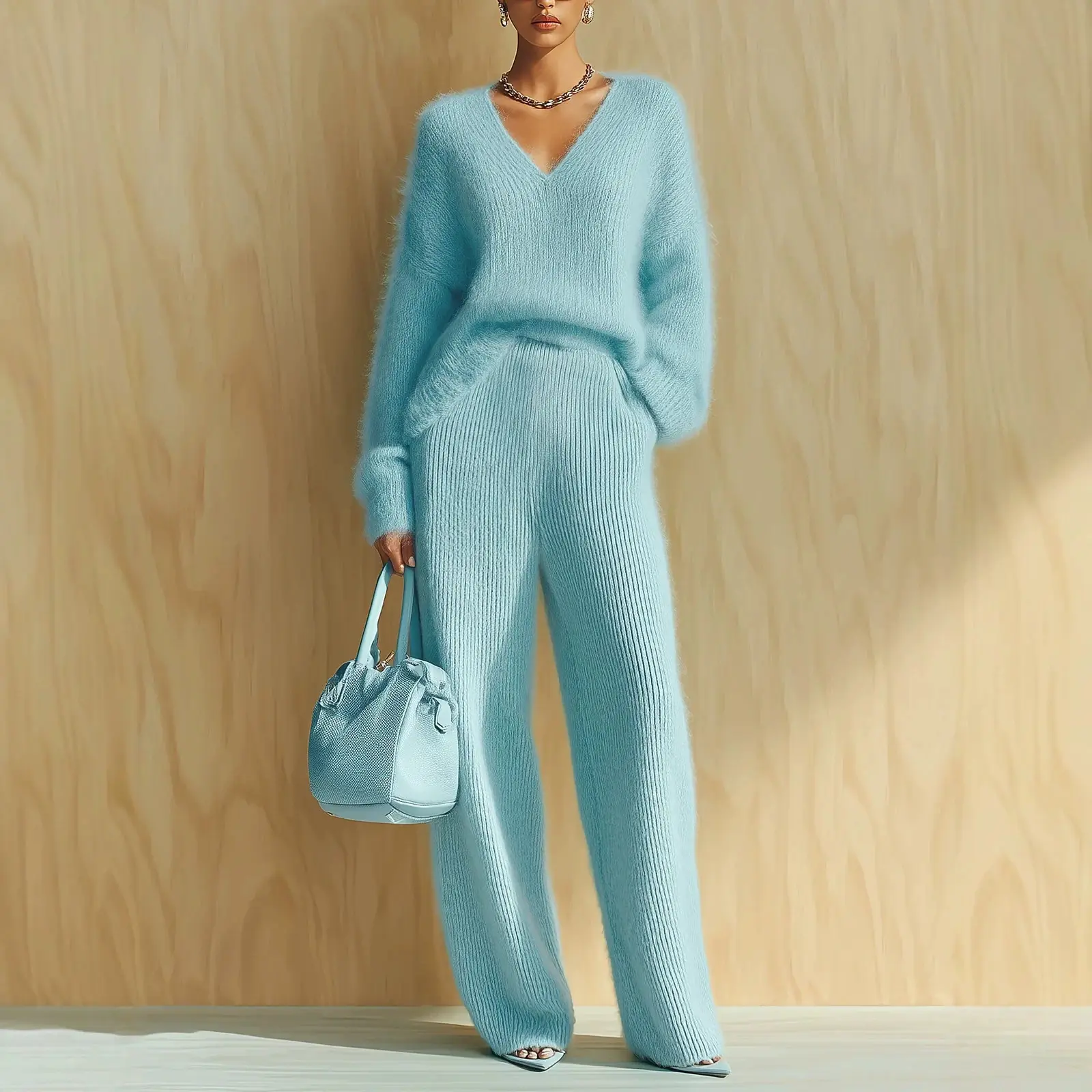 Women's 2-Piece Knitted Lounge Set – Long Sleeve Sweater & Drawstring Wide-Leg Pants
