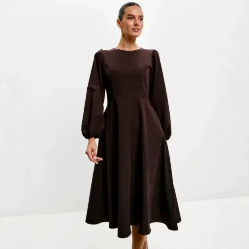 Women's Elegant High-Waist A-Line Dress with Puff Sleeves and Pockets