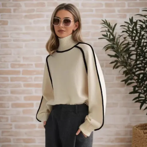 Women's Contrast Trim Turtleneck Sweater – Cozy Loose Fit Long Sleeve Knit Pullover