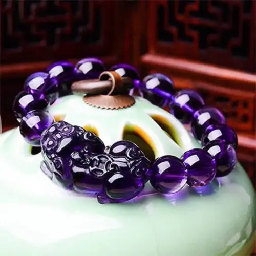 Pixiu Good Fortune Charm Bracelet – Amethyst Purple Lustrous Round Bead Wealth Bracelet for Men & Women
