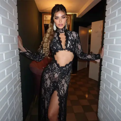 Elegant Long Sleeve Sheer Lace Panelled Maxi Dress with Thigh Slit