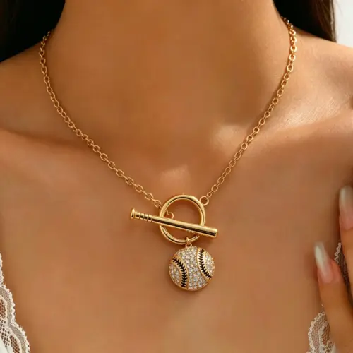 Sparkling Zircon Baseball Pendant Necklace for Women – Pavé Crystal Charm with Chic OT Toggle Clasp Collarbone Chain