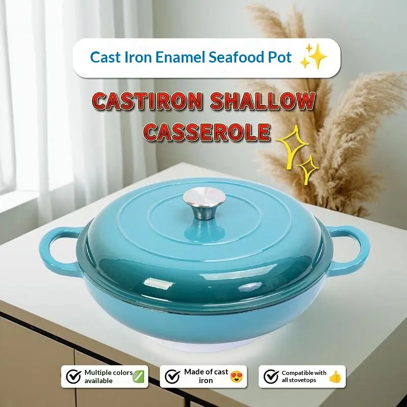 Premium Enameled Cast Iron Seafood Pot – Shallow Braiser & Casserole Pan