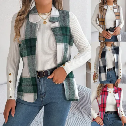 Chic Färg-Block Plaid Woolen Vest – Trendy Sleeveless Cardigan Jacket