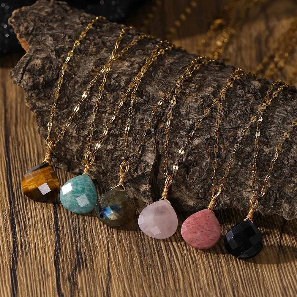 Natural Gemstone Teardrop Pendant Necklace - Bohemian Faceted Crystal Water Drop Charm Jewelry