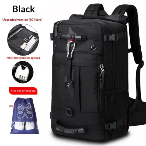 SUEPMENE Men's Large Capacity Business Travel Backpack (36-55L) – Waterproof & Anti-Theft Outdoor Hiking Weekender Bag, Black