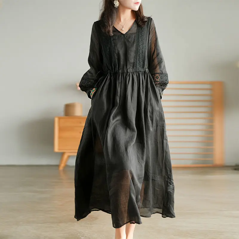 Women's V-Neck 3/4 Sleeve Lace-Up Maxi Dress - Elegant Artistic Casual Long Dress