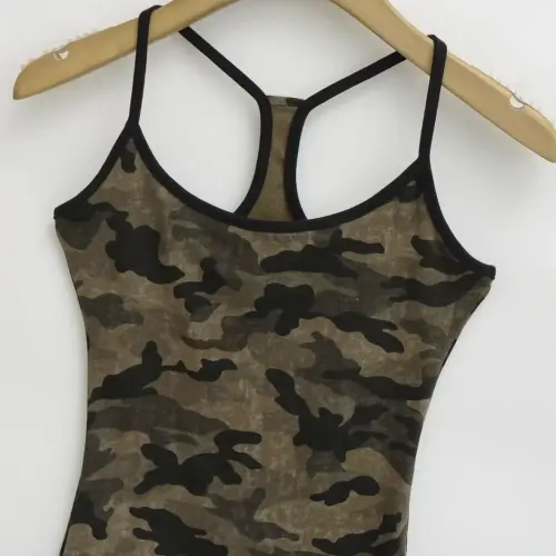 Women's Camouflage Halter Crop Top - Slim Fit Cotton Stretch Tank with Black Trim