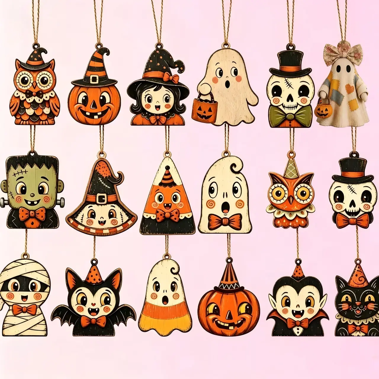18-Piece Halloween Wooden Hanging Charms – Cute Pumpkin, Black Cat & Ghost Ornaments for Spooky Home Decor