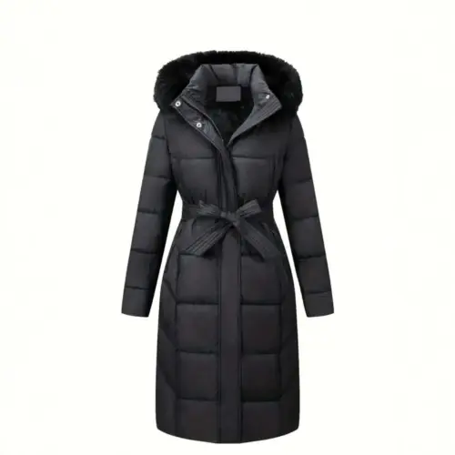 Women's Slim-Fit Long Padded Winter Coat - Over-the-Knee Puffer Parka with Belt & Detachable Faux Fur Collar