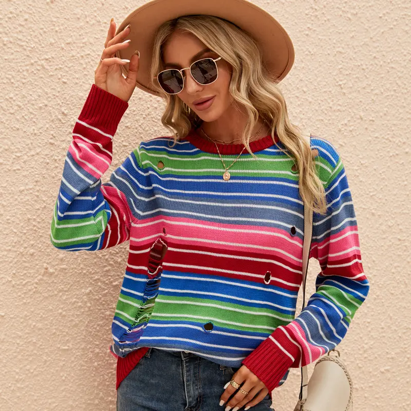 Women's Rainbow Striped Crewneck Knit Sweater - Cozy Long-Sleeve Pullover