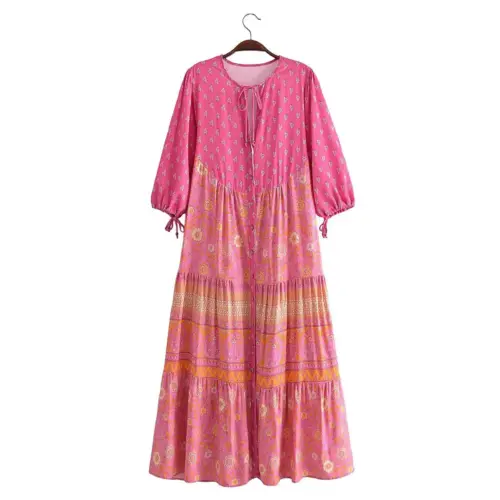Women's Bohemian Floral Cotton Maxi Dress – Chic One-Shoulder High-Waist Long Dress