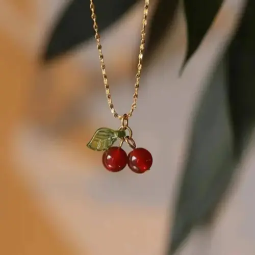 Dainty Red Garnet Cherry Pendant Necklace for Women | Elegant Layered Clavicle Chain Jewelry