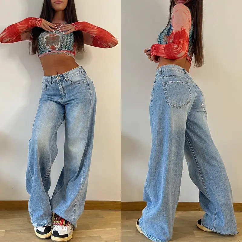 Women's Retro High-Waisted Wide-Leg Jeans - Relaxed Straight-Fit Denim Streetwear Pants